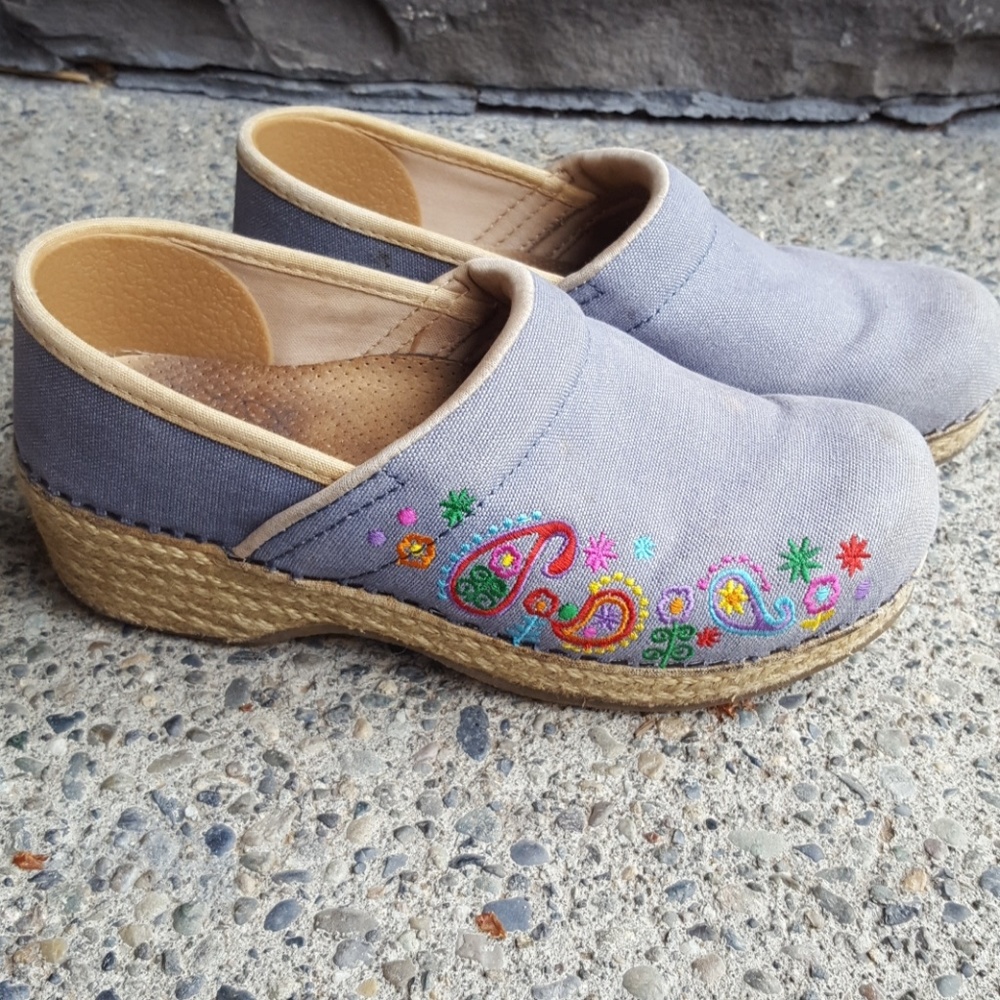 Denim embroidered Dansko clogs